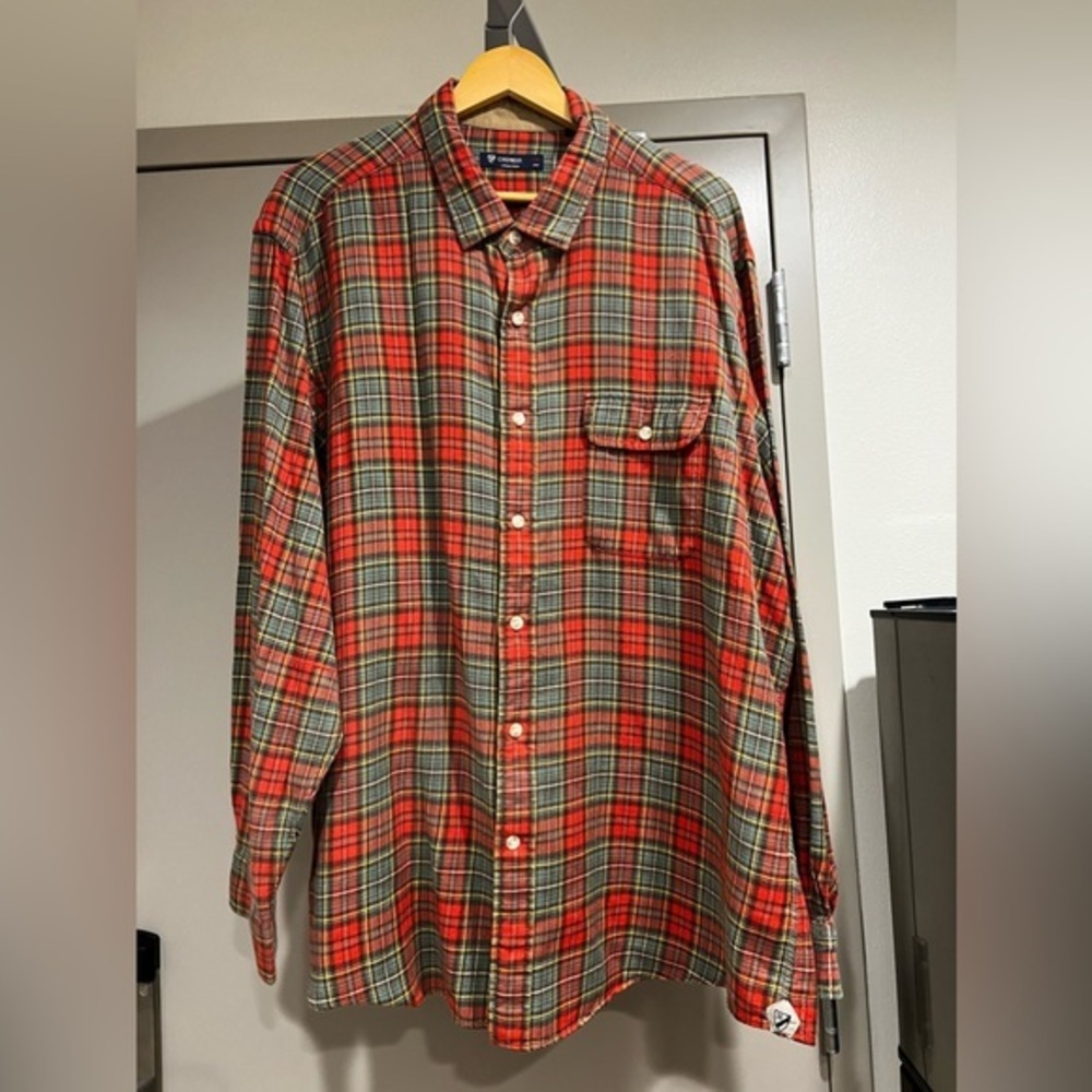 Cremieux Size XXL Red & Green Plaid Cotton Flannel Button-Up Shirt Elbow Patches